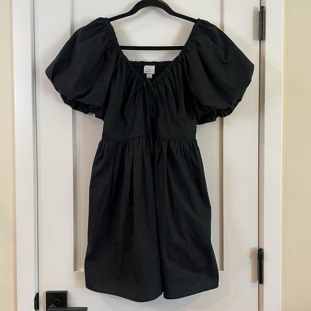 Black Dress Babydoll Puff Sleeves Smocked Pockets Goth Wednesday Addams S Cotton